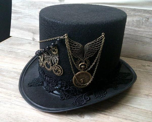 Handmade Vintage Top Hat with Wings, Gears and Chain Hats - The Burner Shop