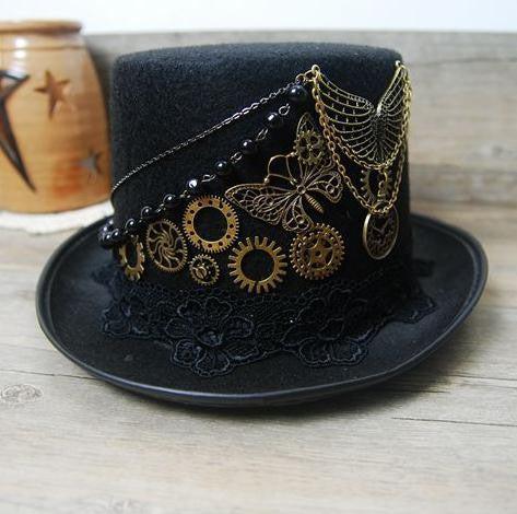 Handmade Vintage Top Hat with Wings, Gears and Chain Hats - The Burner Shop