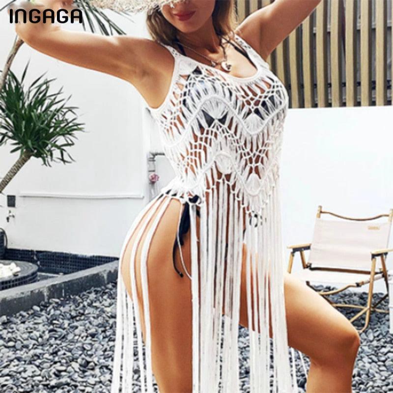 Knitted Bohemian Cover Up with Long Tassels Cover Ups - The Burner Shop