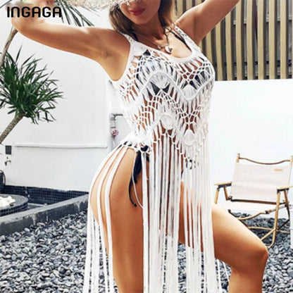 Knitted Bohemian Cover Up with Long Tassels Cover Ups - The Burner Shop