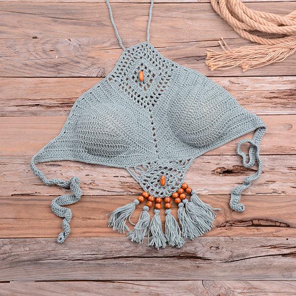 Knitted Crochet Beaded Crop Top & Bottom Two piece - The Burner Shop