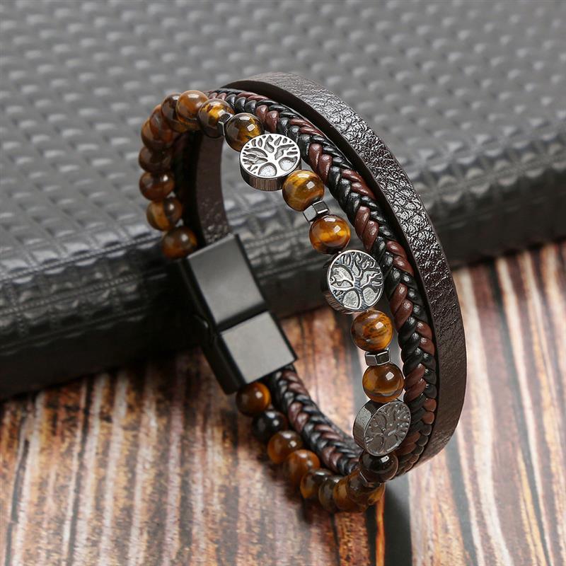 Leather And Tiger Eye Beaded Bracelet Bracelets - The Burner Shop