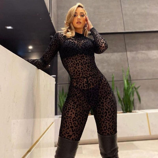 Mesh Leopard See-Through Velour Jumpsuit Jumpsuit - The Burner Shop