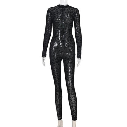 Mesh Leopard See-Through Velour Jumpsuit Jumpsuit - The Burner Shop