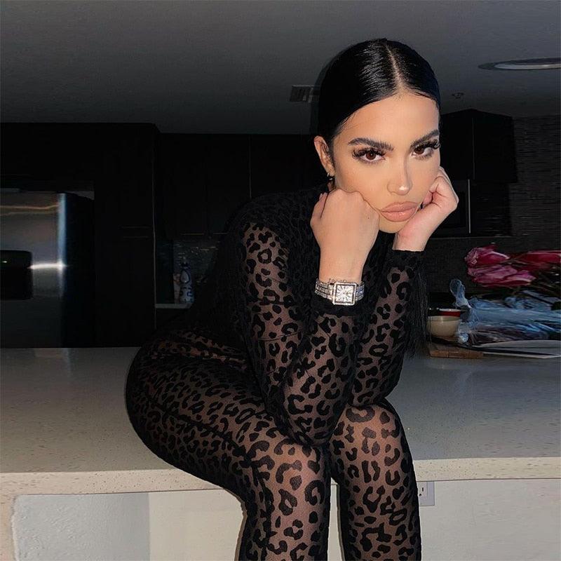Mesh Leopard See-Through Velour Jumpsuit Jumpsuit - The Burner Shop