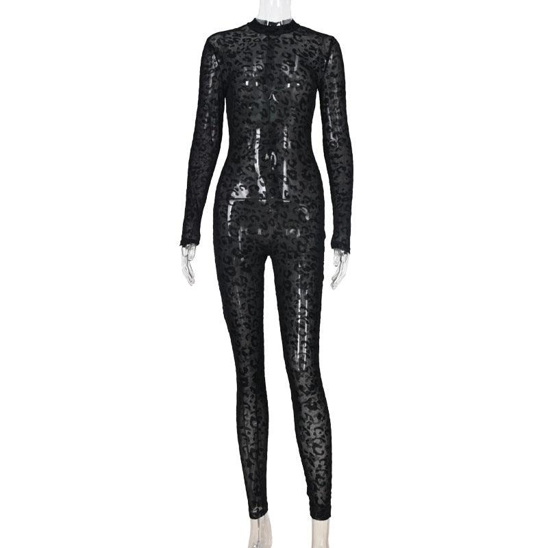 Mesh Leopard See-Through Velour Jumpsuit Jumpsuit - The Burner Shop