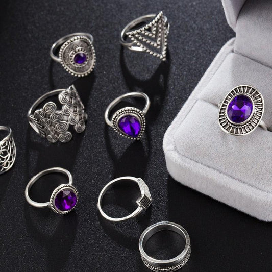 Purple Rhinestone Rings 9pcs Rings - The Burner Shop