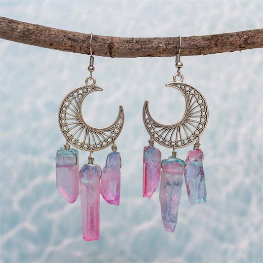 Rainbow Quartz Crystal Earrings Crescent Moon Earrings - The Burner Shop