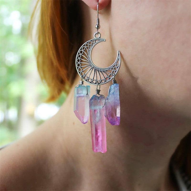 Rainbow Quartz Crystal Earrings Crescent Moon Earrings - The Burner Shop