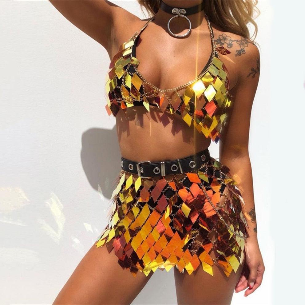 Sequins 2 Piece Mini Skirt & Halter Top Two Piece - The Burner Shop