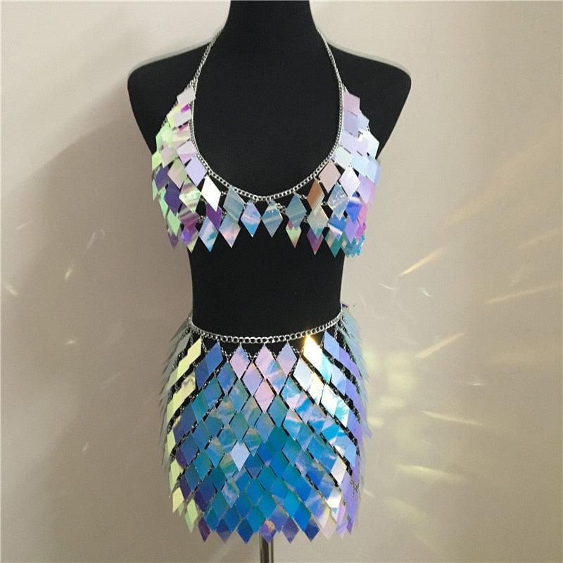 Sequins 2 Piece Mini Skirt & Halter Top Two Piece - The Burner Shop
