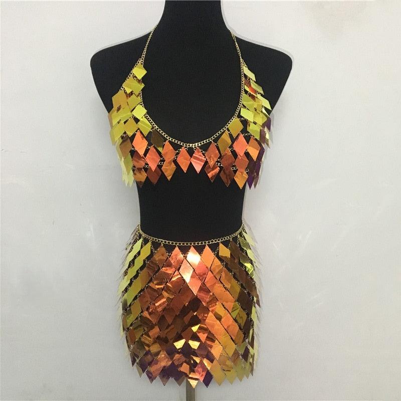 Sequins 2 Piece Mini Skirt & Halter Top Two Piece - The Burner Shop