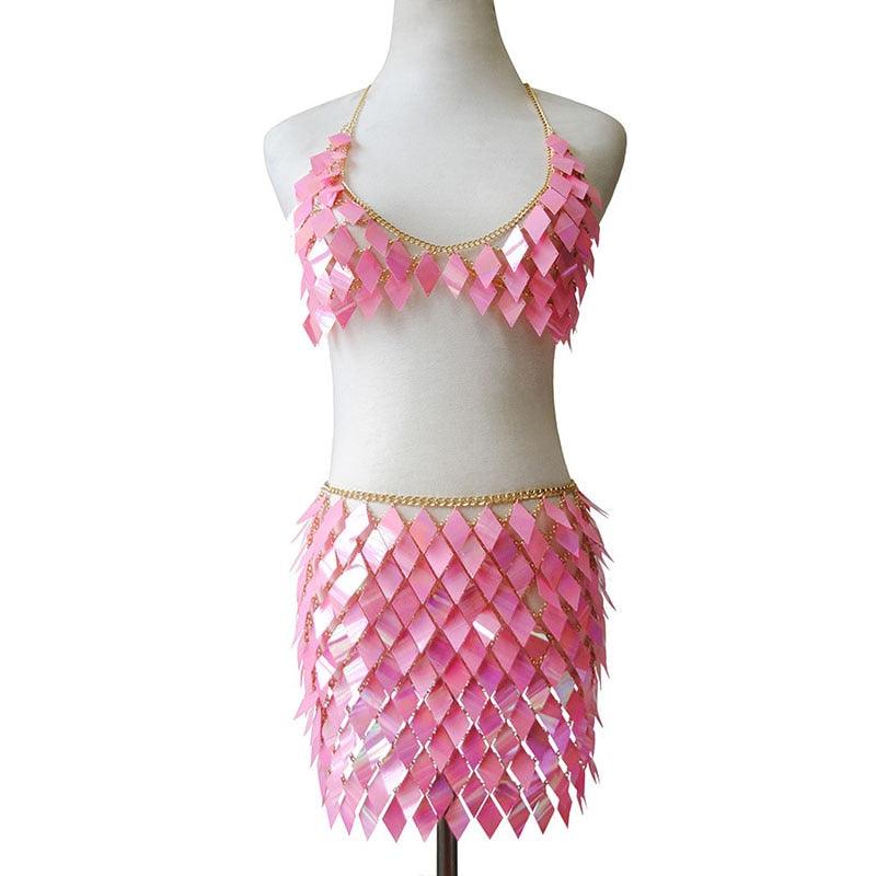 Sequins 2 Piece Mini Skirt & Halter Top Two Piece - The Burner Shop