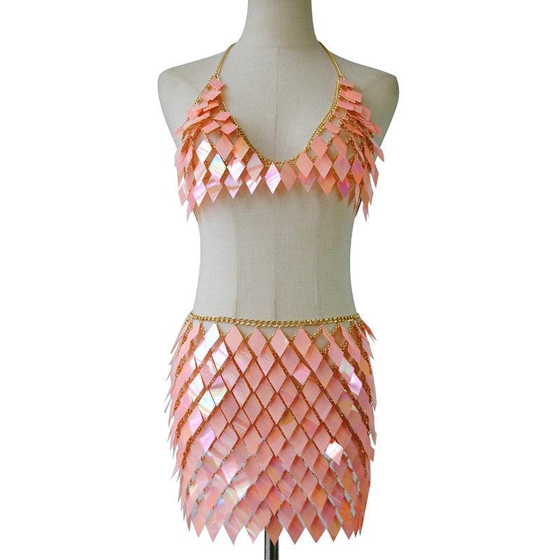 Sequins 2 Piece Mini Skirt & Halter Top Two Piece - The Burner Shop
