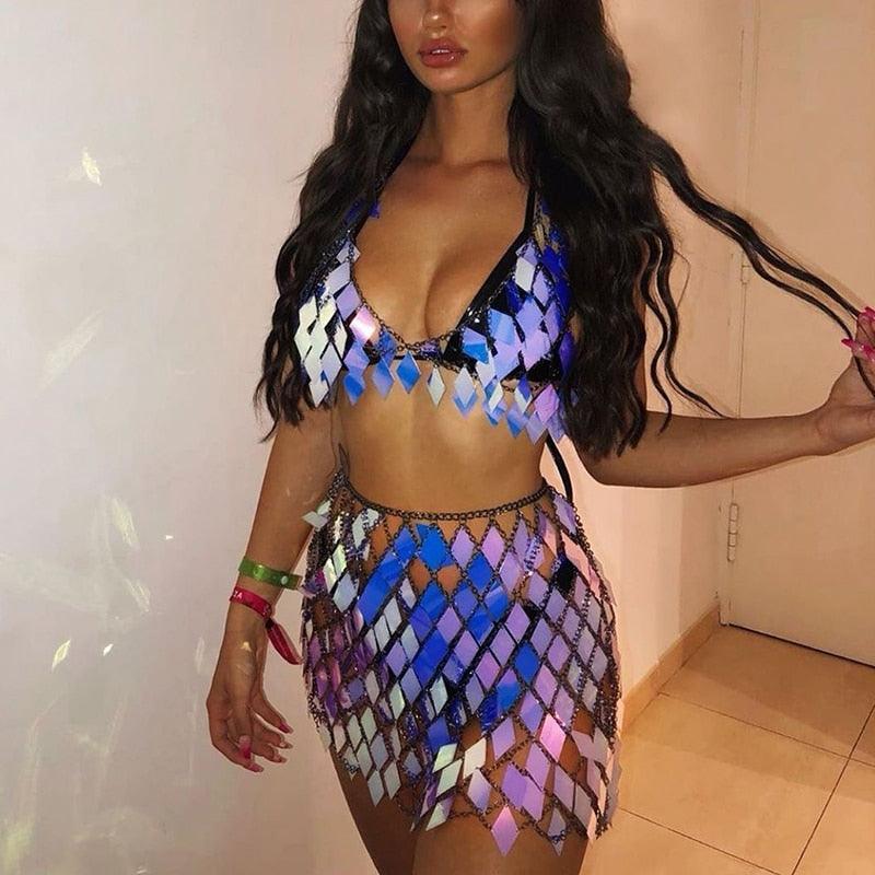 Sequins 2 Piece Mini Skirt & Halter Top Two Piece - The Burner Shop