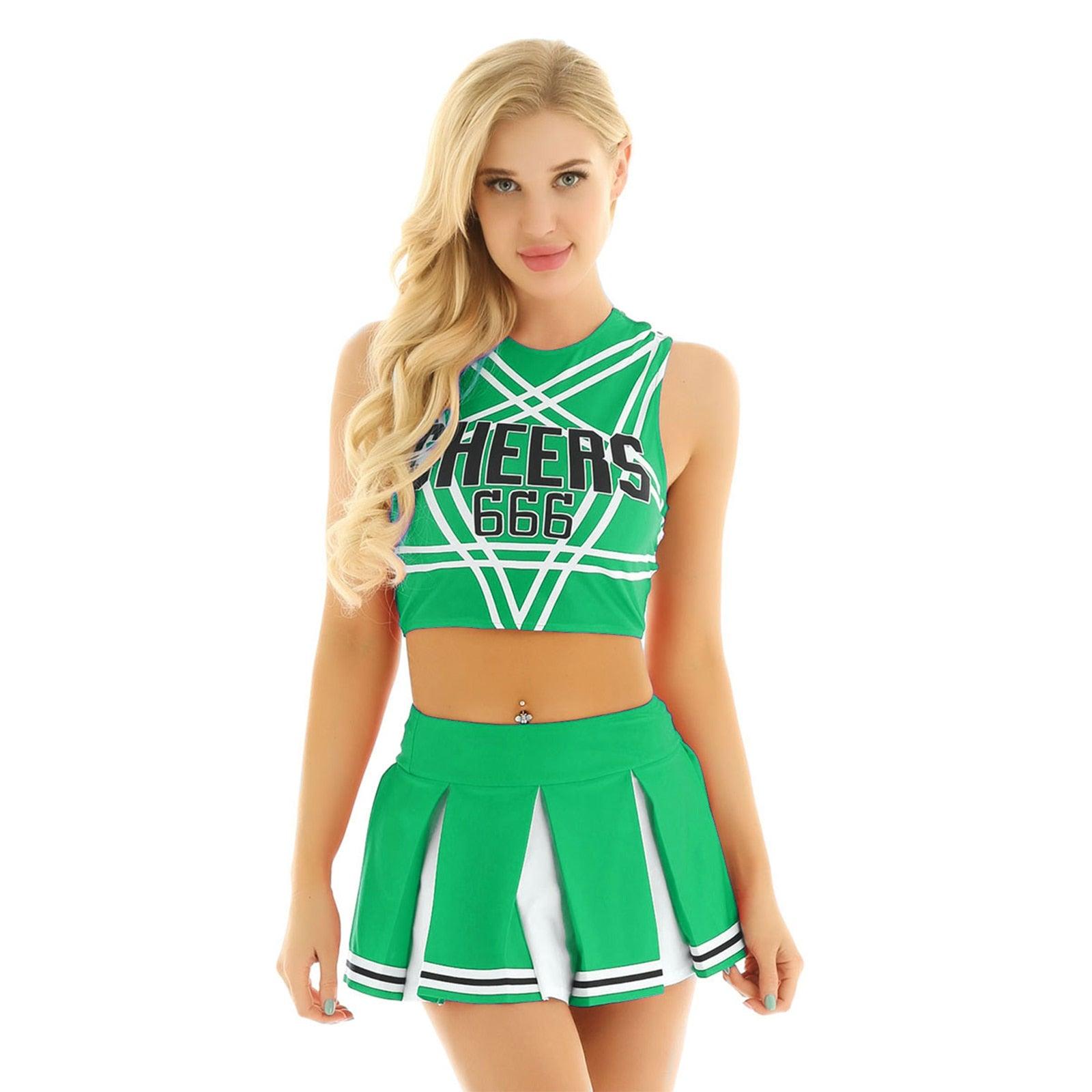 2 Piece Cheerleader Costume Women Adult Cheerleading Uniform Dancing Outfit Sleeveless Crop Top with Mini Pleated Skirt