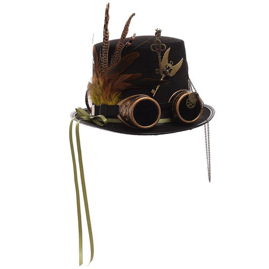 Unisex Steampunk Top Hat with Feathers and Goggles Hats - The Burner Shop