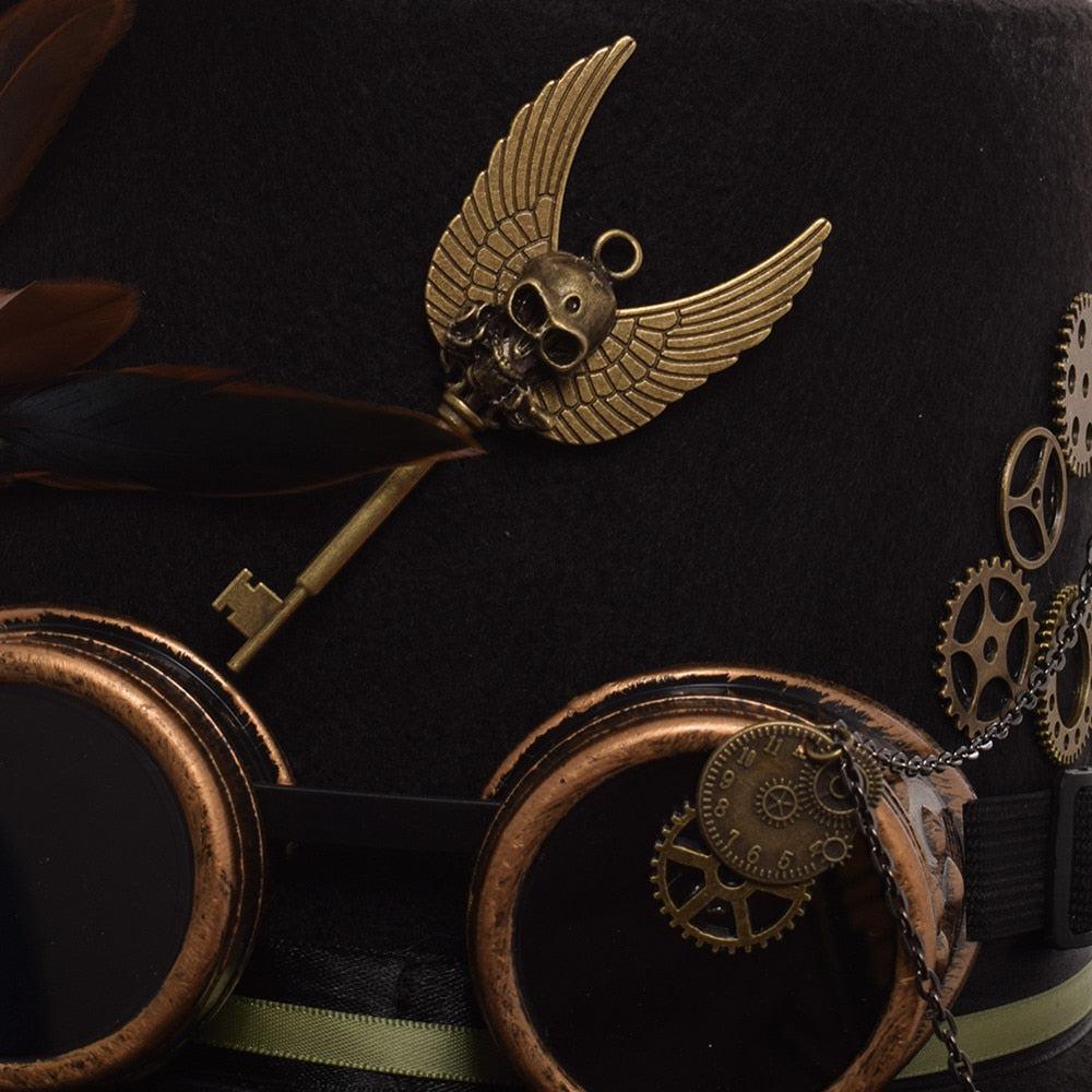 Unisex Steampunk Top Hat with Feathers and Goggles Hats - The Burner Shop