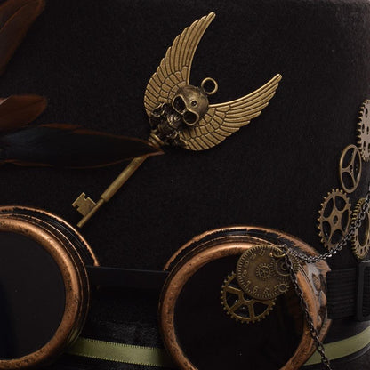 Unisex Steampunk Top Hat with Feathers and Goggles Hats - The Burner Shop