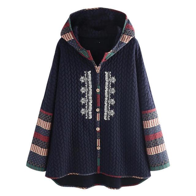 Vintage Boho Hooded Ethnic Long-Sleeved Loose Mid-Length Coat Ponchos - The Burner Shop