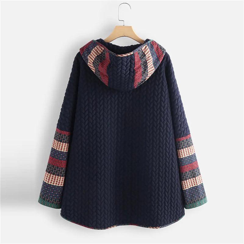 Vintage Boho Hooded Ethnic Long-Sleeved Loose Mid-Length Coat Ponchos - The Burner Shop