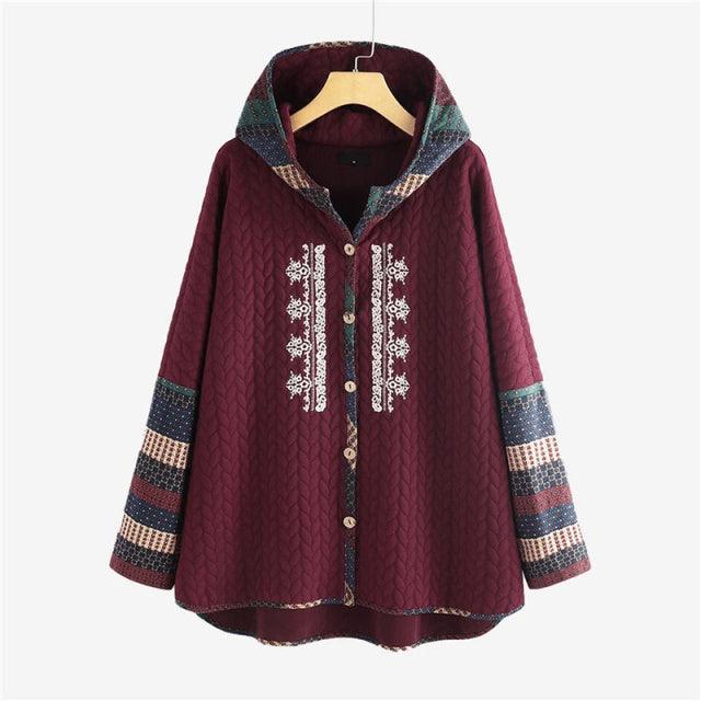 Vintage Boho Hooded Ethnic Long-Sleeved Loose Mid-Length Coat Ponchos - The Burner Shop